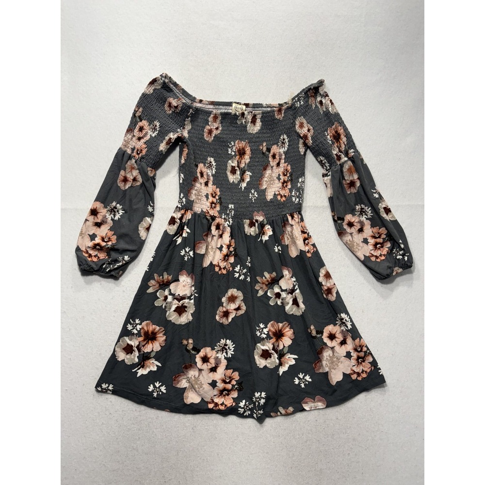 205 Collins Dress Juniors Medium Gray Floral Off Shoulder Long Sleeve Fit Flare